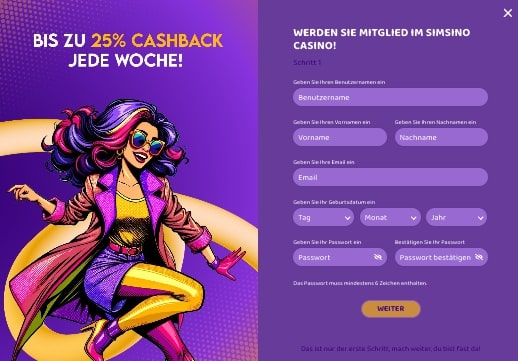 Registrierung im Simsinos Casino test